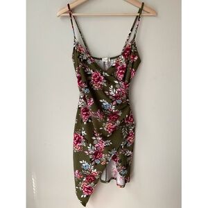 Love J • M • Floral Wrap Style Gathered Side Asymmetric Tulip Bottom Mini Dress